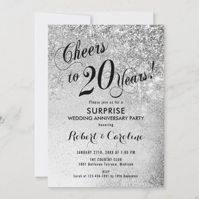 Invitation 20e anniversaire de mariage surprise - Argenté (Devant)