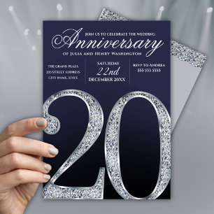 Invitation 20e Anniversaire Diamant Argent Bleu Foncé Ans
