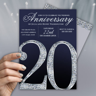 Invitation 20e Anniversaire Diamant Argent Bleu Foncé Ans
