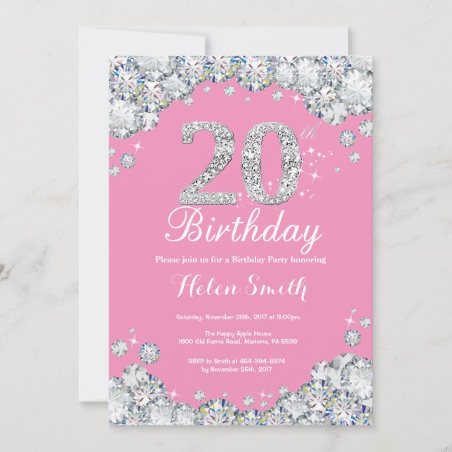 Invitation 20e anniversaire Diamant rose et argent (Devant)