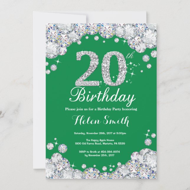 Invitation 20e anniversaire Diamant vert et argent (Devant)