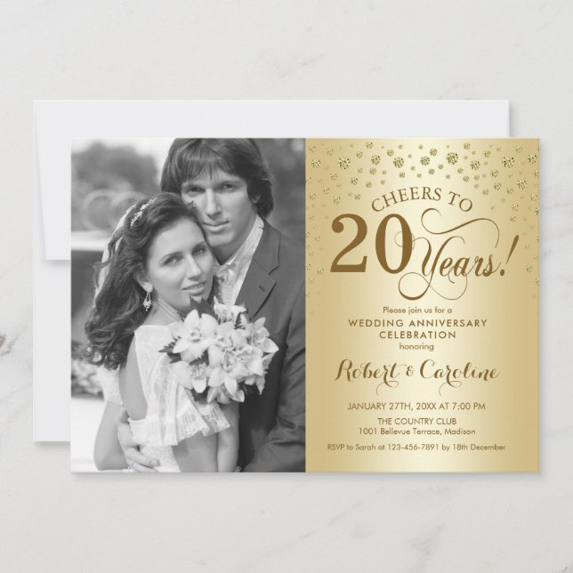 Invitation 20e anniversaire du Mariage avec photo - Or (Devant)