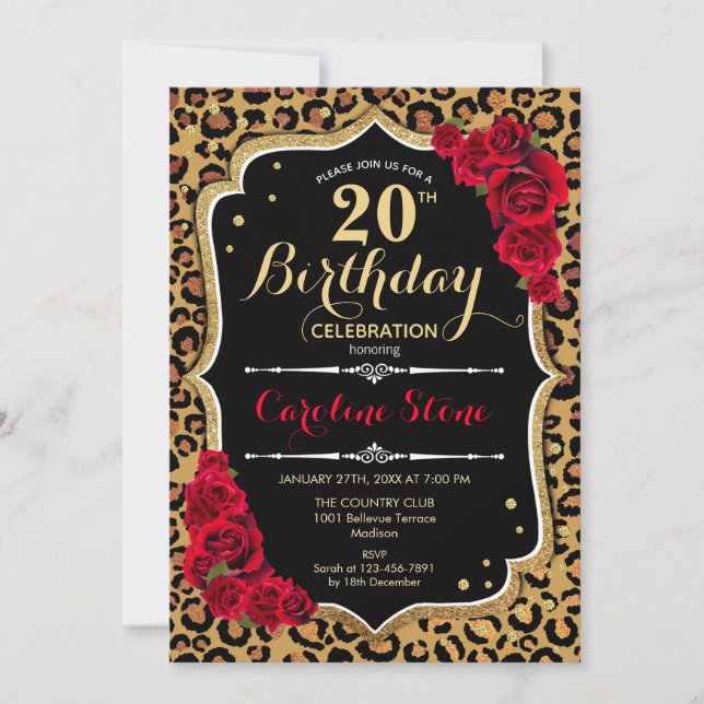 Invitation 20e anniversaire - Empreinte de léopard de Red Ros (Devant)