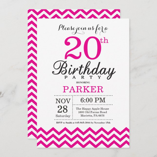 Invitation 20e anniversaire Hot Pink Chevron (Devant / Derrière)