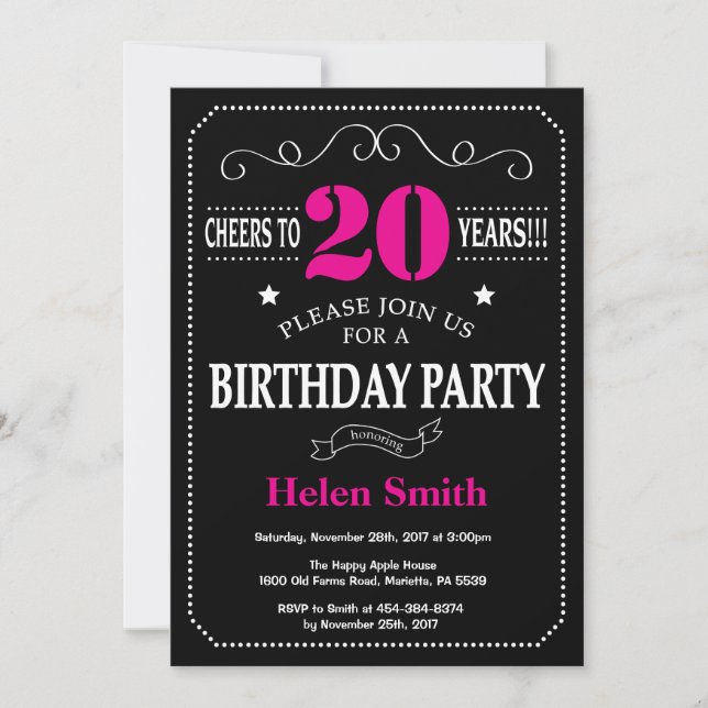 Invitation 20e anniversaire Hot rose noir Chalkboa (Devant)
