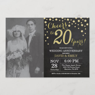Invitation 20e anniversaire Mariage Chalkboard noir et or