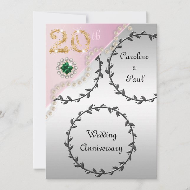 Invitation 20e anniversaire Mariage Embossed Silver Rose or (Devant)