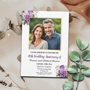 Invitation 20e anniversaire Mariage Gold Frame Roses violets