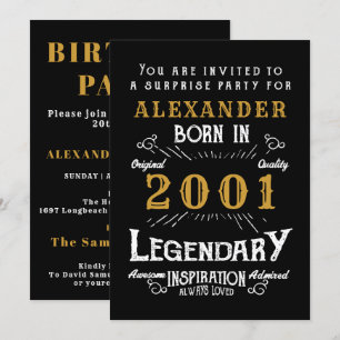 Invitation 20e anniversaire Né 2001 Black Gold Retro Vintage