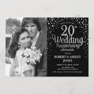 Invitation 20e Anniversaire - Noir Argent avec Photo