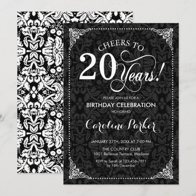 Invitation 20e anniversaire - Noir blanc Damas (Devant / Derrière)