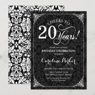 Invitation 20e anniversaire - Noir blanc Damas