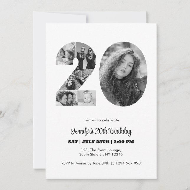 Invitation 20e anniversaire Numéro 20 photo Collage noir blan (Devant)