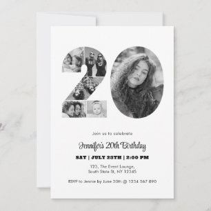 Invitation 20e anniversaire Numéro 20 photo Collage noir blan