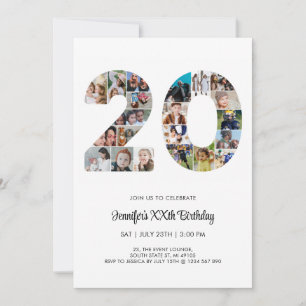 Invitation 20e anniversaire Numéro 20 Photo personnalisée Col