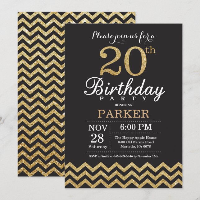Invitation 20e anniversaire Parties scintillant no (Devant / Derrière)
