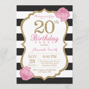 Invitation 20e anniversaire Pink Black Gold Floral