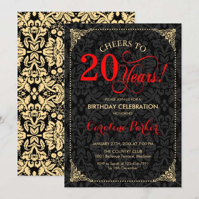 Invitation 20e anniversaire - Rouge Gold Black Damask (Devant / Derrière)