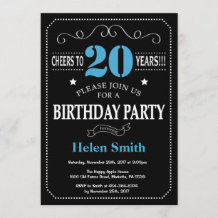 Invitation 20e anniversaire Tableau noir et bleu