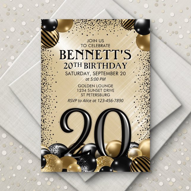 Invitation 20e Ballons Black Gold Anniversaire (Créateur téléchargé)