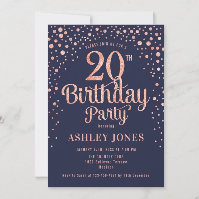Invitation 20e fête d'anniversaire - Marine & Rose Gold (Devant)