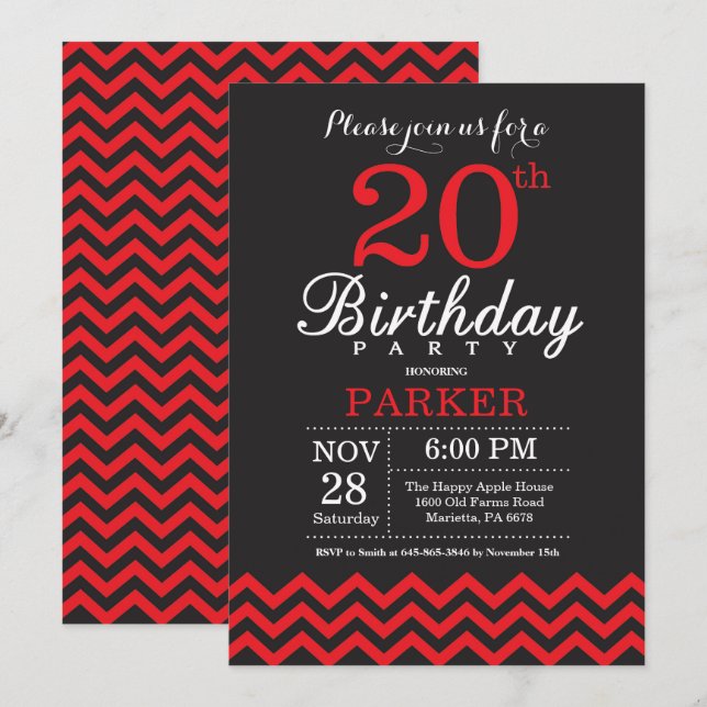 Invitation 20ème Noir et rouge d'invitation d'anniversaire (Devant / Derrière)