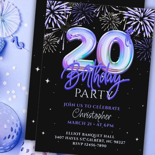 Invitation 20th Mens Blue Fireworks Foil Balloon Anniversaire (Créateur téléchargé)