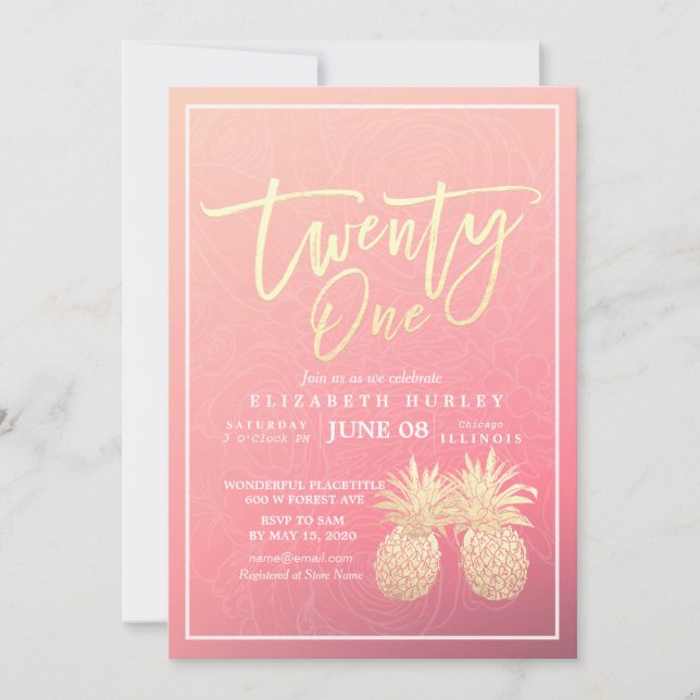 Invitation 21 Anniversaire de fête Chic rose or ananas Couple (Devant)