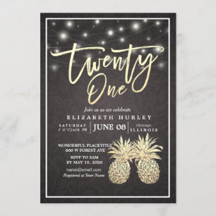 Invitation 21 Anniversaire Fête Chic Noir Or Ananas Couple