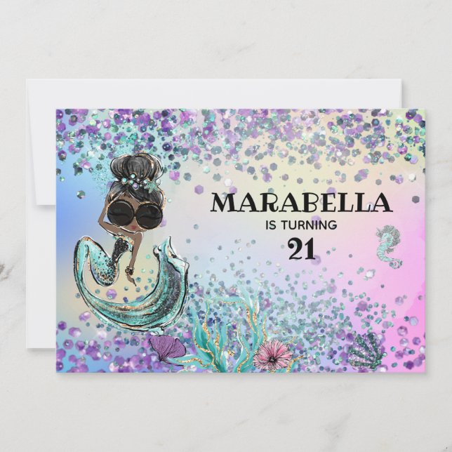 Invitation *~* 21 Glam Luxe Rainbow Mermaid Anniversaire (Devant)