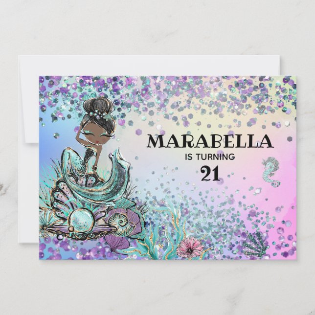 Invitation *~* 21 GLAM Rainbow Mermaid fête d'anniversaire (Devant)