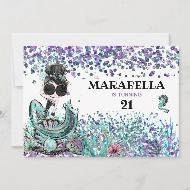 Invitation *~* 21 Mermaid GLAM LUXE En Mer Anniversaire (Devant)