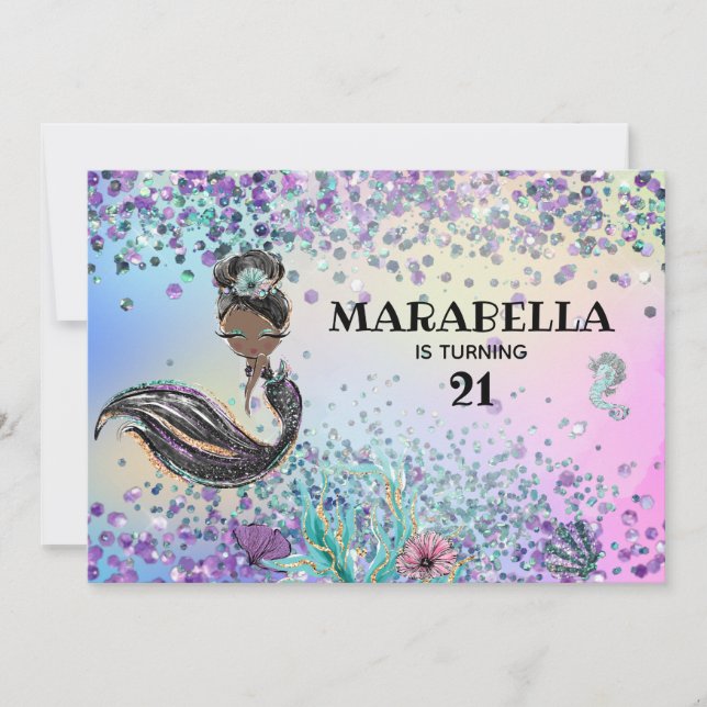 Invitation *~* 21 Rainbow Mermaid LUXE Fête d'anniversaire (Devant)
