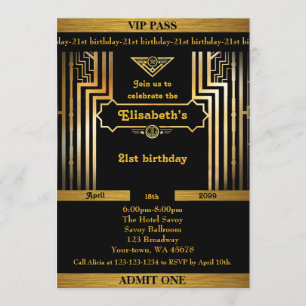 Invitation 21e, Anniversaire 21e, Style Gatsby, billet, or no