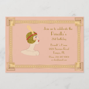 Invitation 21e, Anniversaire 21e, Style Gatsby, pêche rose &