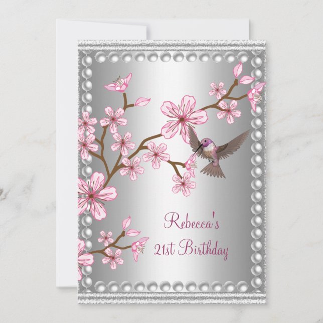 Invitation 21e anniversaire Argent asiatique rose perle Flowe (Devant)