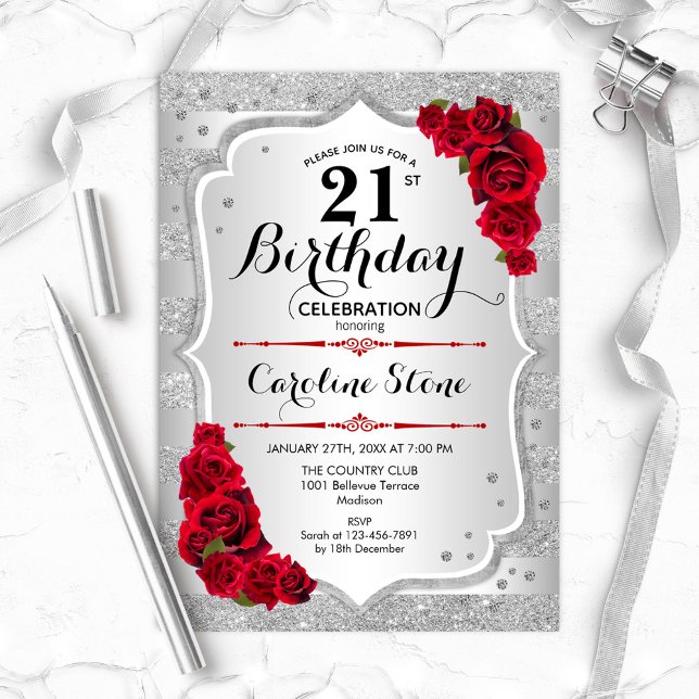Invitation 21e anniversaire - Argent rayures Roses rouges (Créateur téléchargé)