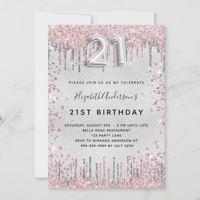 Invitation 21e anniversaire argent rose parties scintillant p (Devant)