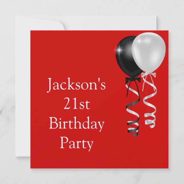 Invitation 21e anniversaire Ballons blancs d'argent rouge noi (Devant)