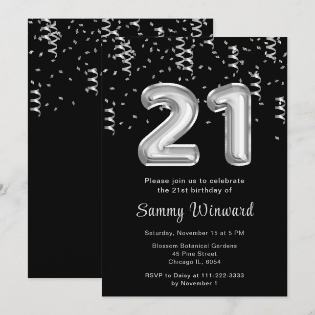 Invitation 21e anniversaire Ballons d'argent avec Confetti (Devant / Derrière)