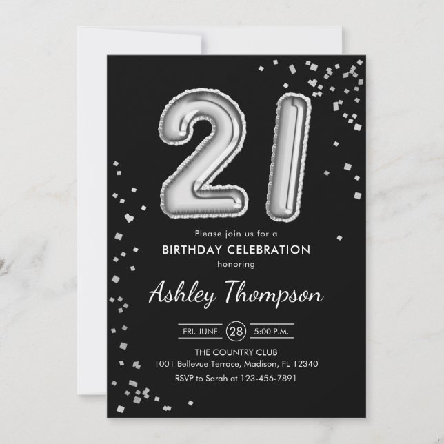 Invitation 21e anniversaire - Ballons d'argent noir (Devant)