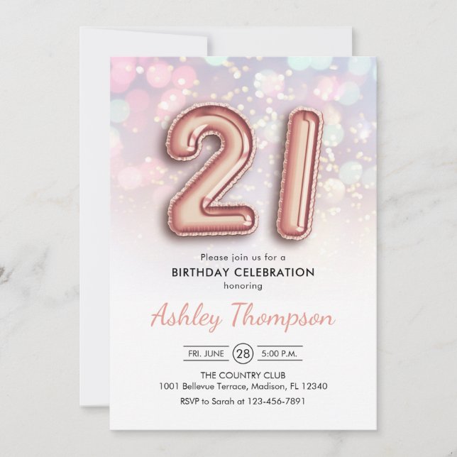 Invitation 21e anniversaire - Ballons d'or Rose Lumières rose (Devant)