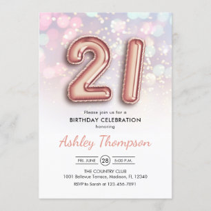 Invitation 21e anniversaire - Ballons d'or Rose Lumières rose