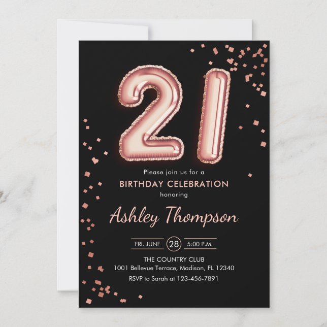 Invitation 21e anniversaire - Ballons d'or Rose Noir (Devant)
