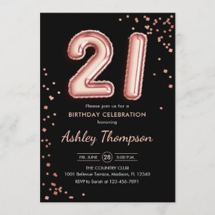 Invitation 21e anniversaire - Ballons d'or Rose Noir