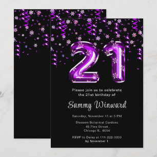 Invitation 21e Anniversaire Ballons pourpres Snowflake Confet