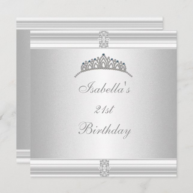 Invitation 21e Anniversaire Bijou Tiara Argent Blanc (Devant / Derrière)