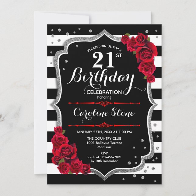 Invitation 21e anniversaire Black White Stripes Ro (Devant)