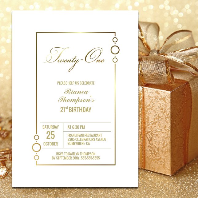 Invitation 21e anniversaire Blanc avec Gold Frame Party (Créateur téléchargé)