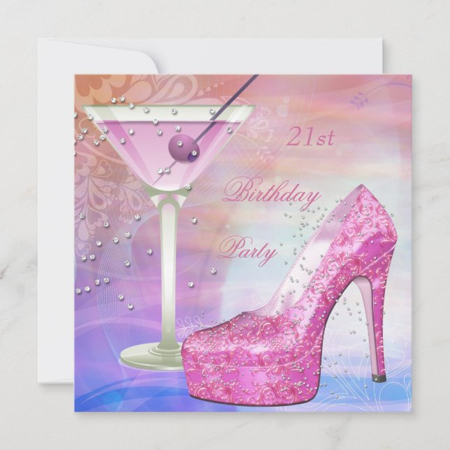 Invitation 21e Anniversaire Blanc Rose Bleu Martini Chaussure (Devant)
